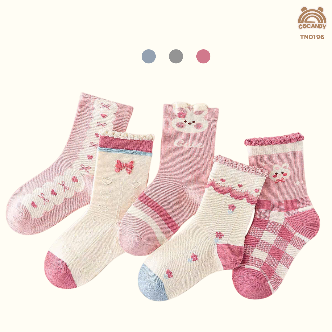 Set 5 đôi tất HỒNG thỏ phối BE