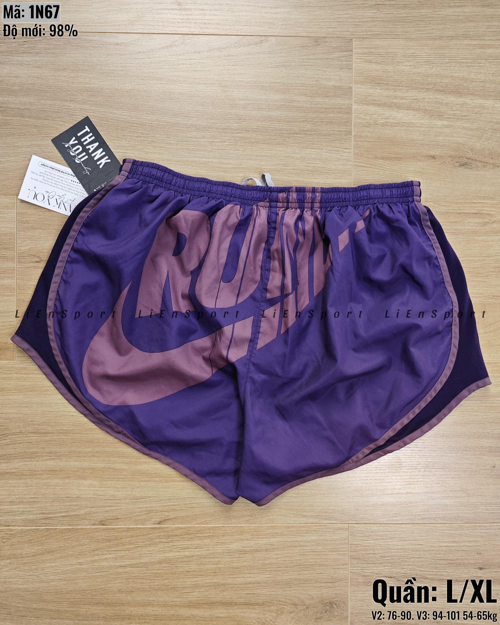 Nike Quần short tập gym nữ form rộng Size L XL Màu tím Auth 2nd Phối lưới tím đậm Viền tím nhạt Vải dù thoáng khí Dây rút trắng Logo thêu Phù hợp yoga chạy bộ Mã:1N67