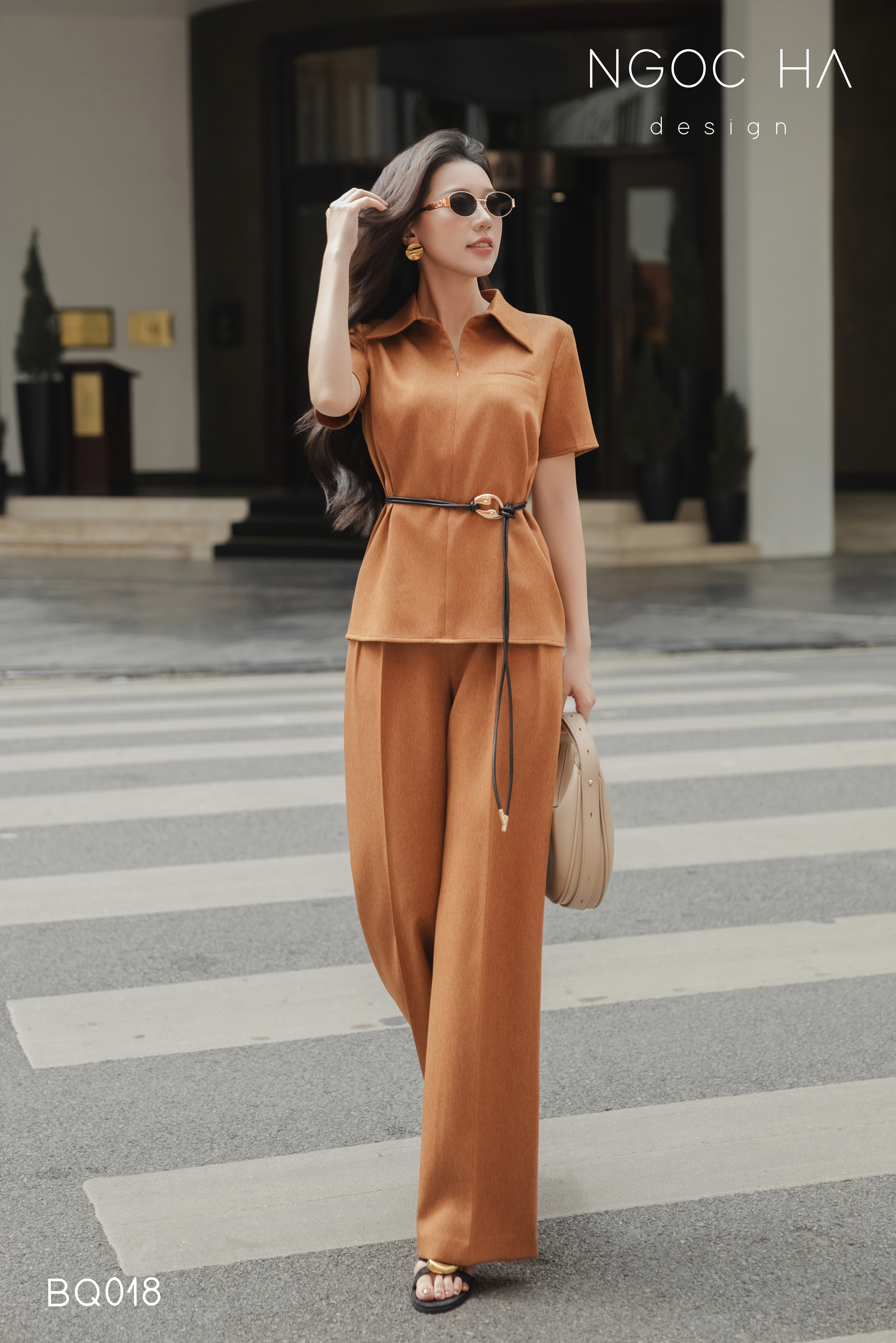 Voila Set _ Bộ Áo Sơ Mi Quần Suông Màu Cam Tay BQ018