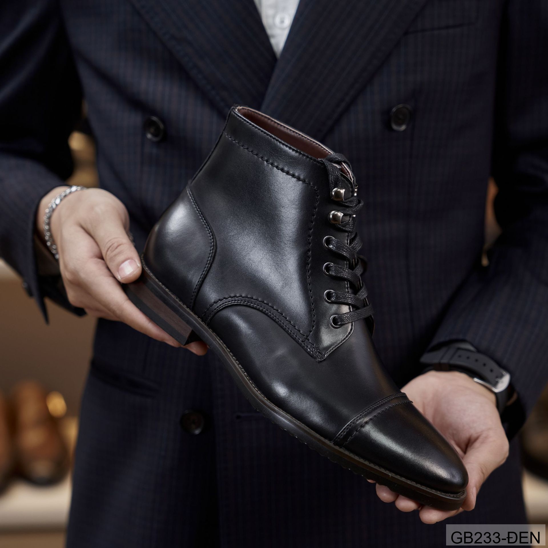 GB233 - Giày Boots Martin Nam Da Bò Phong Cách Anh, Đế Cao Su Chống Trượt, Màu Đen Kaki_thumbnail_1