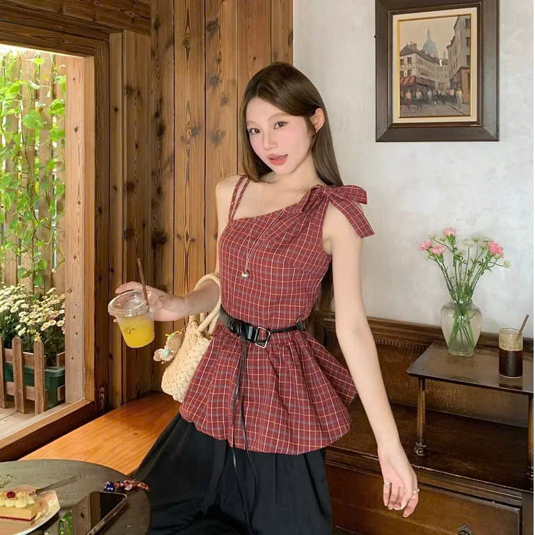 [ GUTOU ] Áo Lệch Vai Caro Thắt Nơ + belt_thumbnail_2
