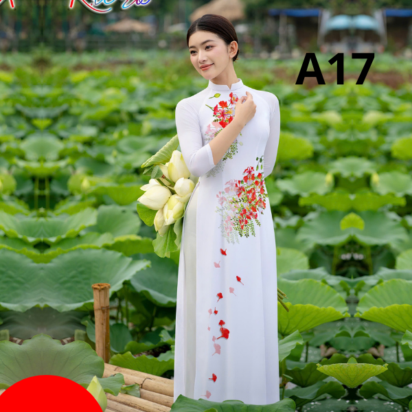 Áo dài Trắng Hoa Phượng A17 cổ cao 2cm tay lỡ