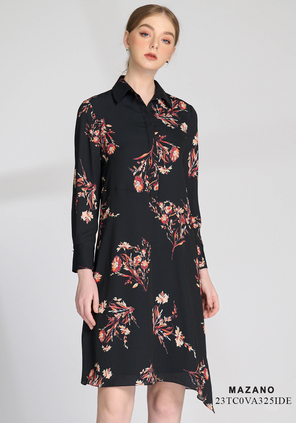 Váy Đầm Suông Vải lụa dày Họa tiết hoa in 2D Chân cách điệu Cổ bẻ Tay ngắn Dài ngang gối