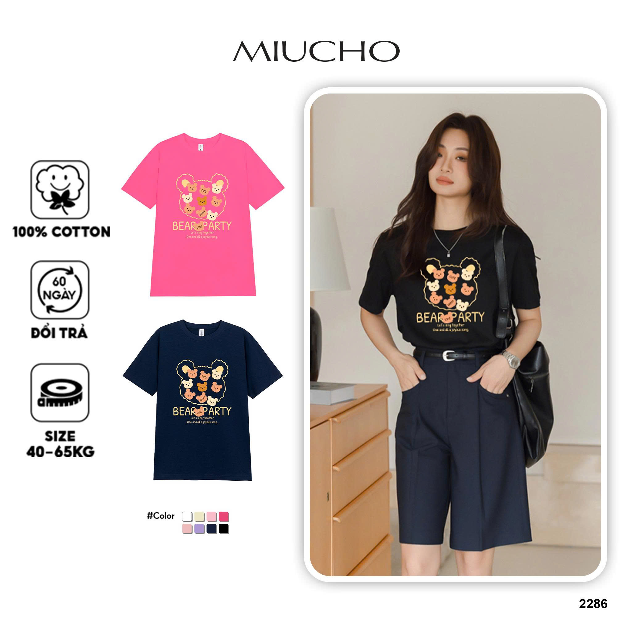 Áo thun nữ form vừa regular ARD2286 Miucho vải cotton co giãn thoáng mát cổ tròn in mix