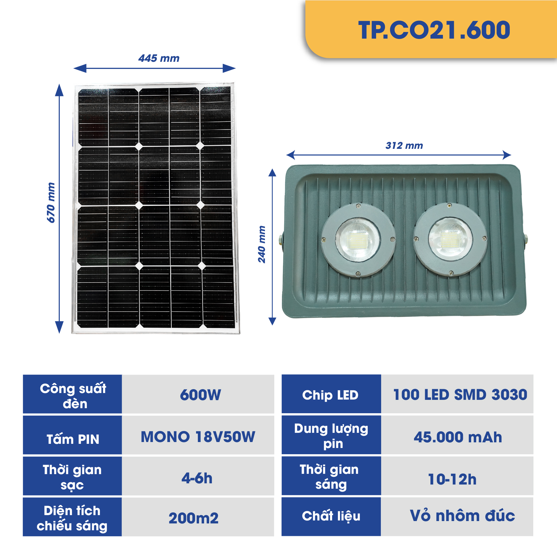Đèn pha COB LAVA V1 năng lượng mặt trời TP SOLAR PRO CO21
