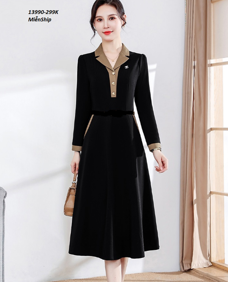 13990-Đầm xòe A cổ bẻ kết nút viền nâu_thumbnail_3