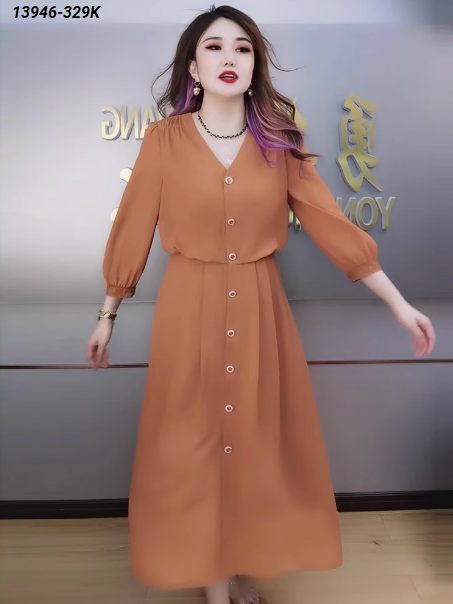 13946-Đầm xòe  tay lở  cổ  V kết nút  ( tằm ý, lót thun)FREESHIP_thumbnail_0