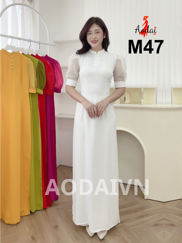 M47 Áo dài thiết kế màu trắng cổ cao 2cm tay Voan tơ bồng mềm nhẹ.