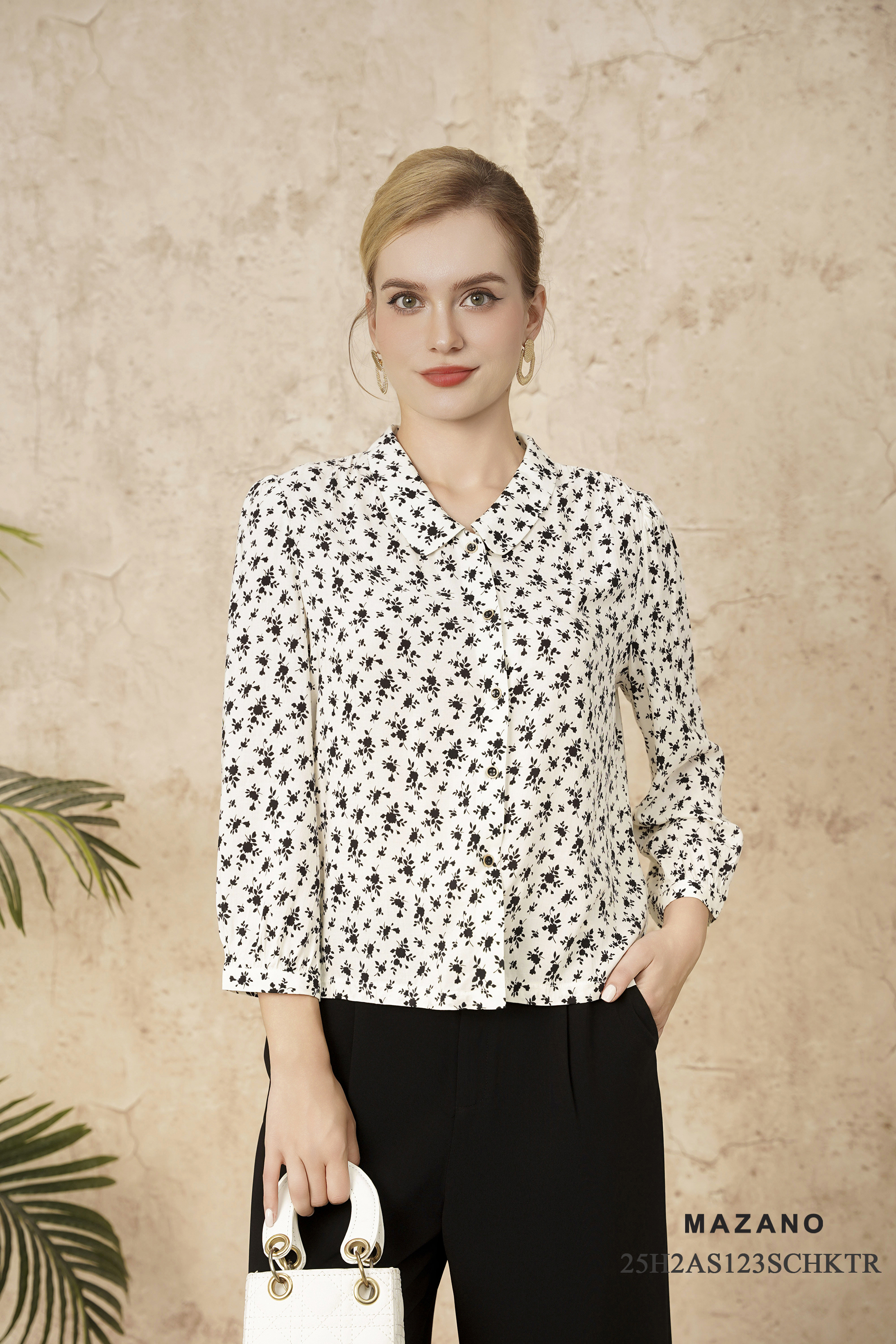 Áo sơmi Suông Vải cotton lanh Họa tiết hoa nhí Cổ lá nhỏ Tay Dài