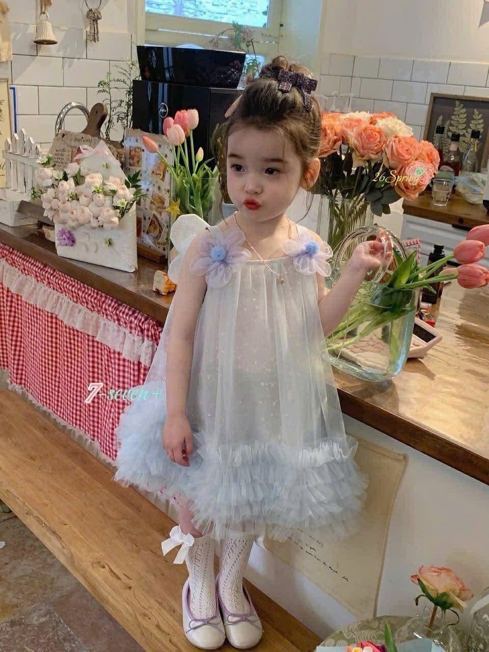 (H118) Váy 2 dây đính hoa mix voan lấp lánh hãng Seven_thumbnail_0