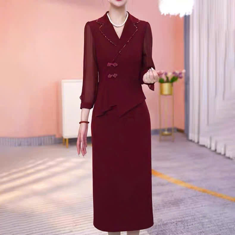 18119-Đầm body suông dáng peplum cổ bẻ phối tay voan đỏ đô ( lụa, lót thun)