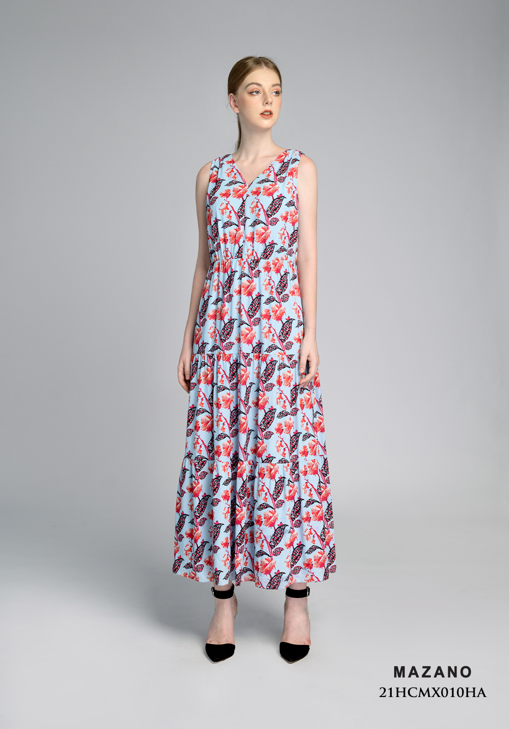 Đầm Maxi vải voan in hoa không tay