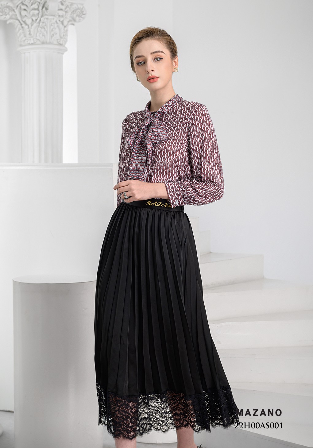 Áo sơ mi họa tiết dài tay phối nơ cổ