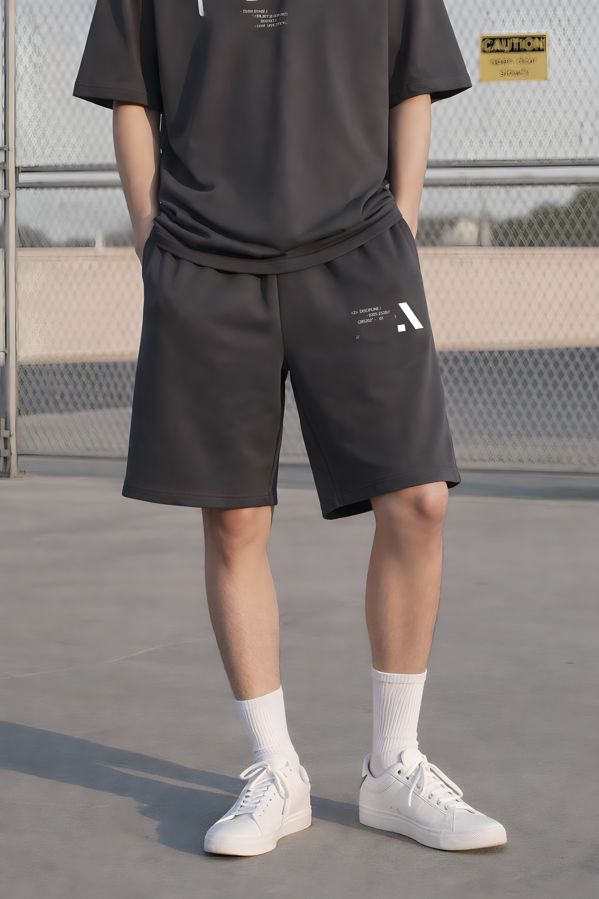 Quần short nỉ bé trai màu than chì in chữ trắng