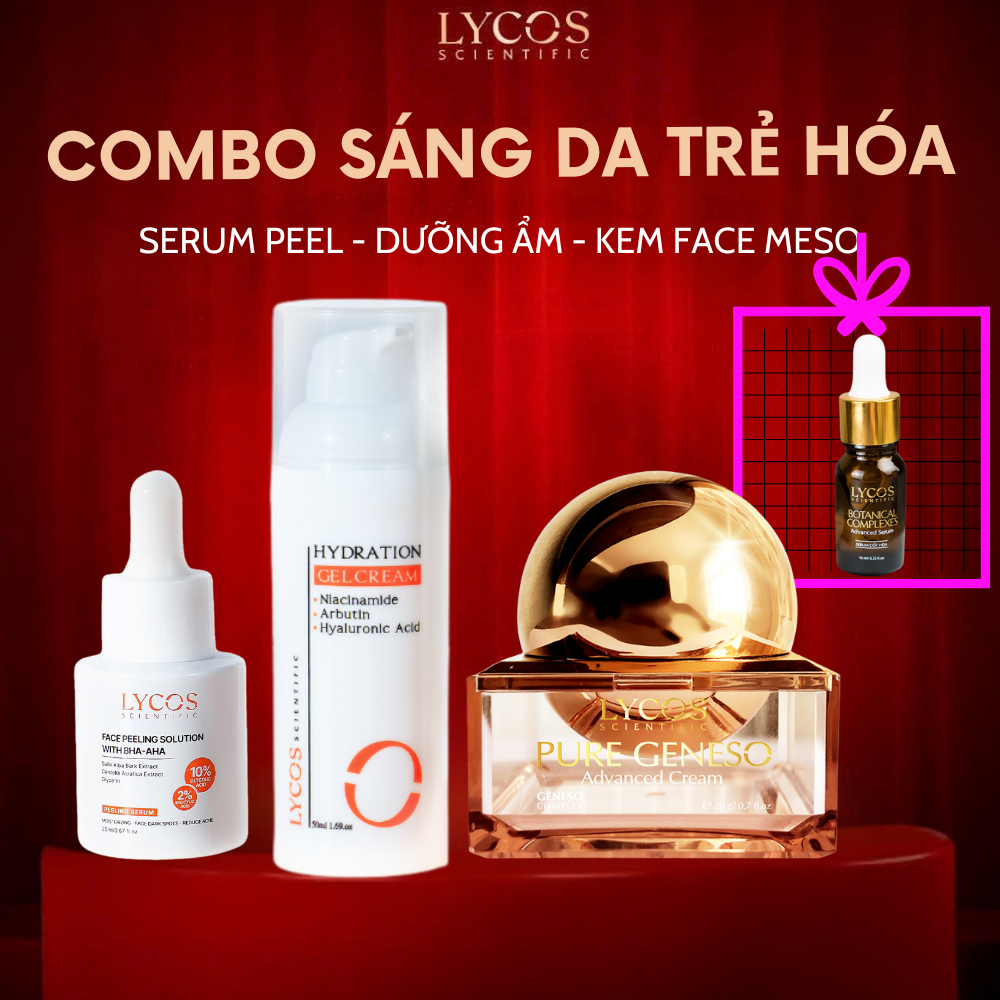 Combo Sáng Da Trẻ Hóa 3 Bước Lycos – Peel Da, Gel Dưỡng Ẩm, Kem Face Meso – Làm Đều Màu, Căng Bóng, Phục Hồi Da