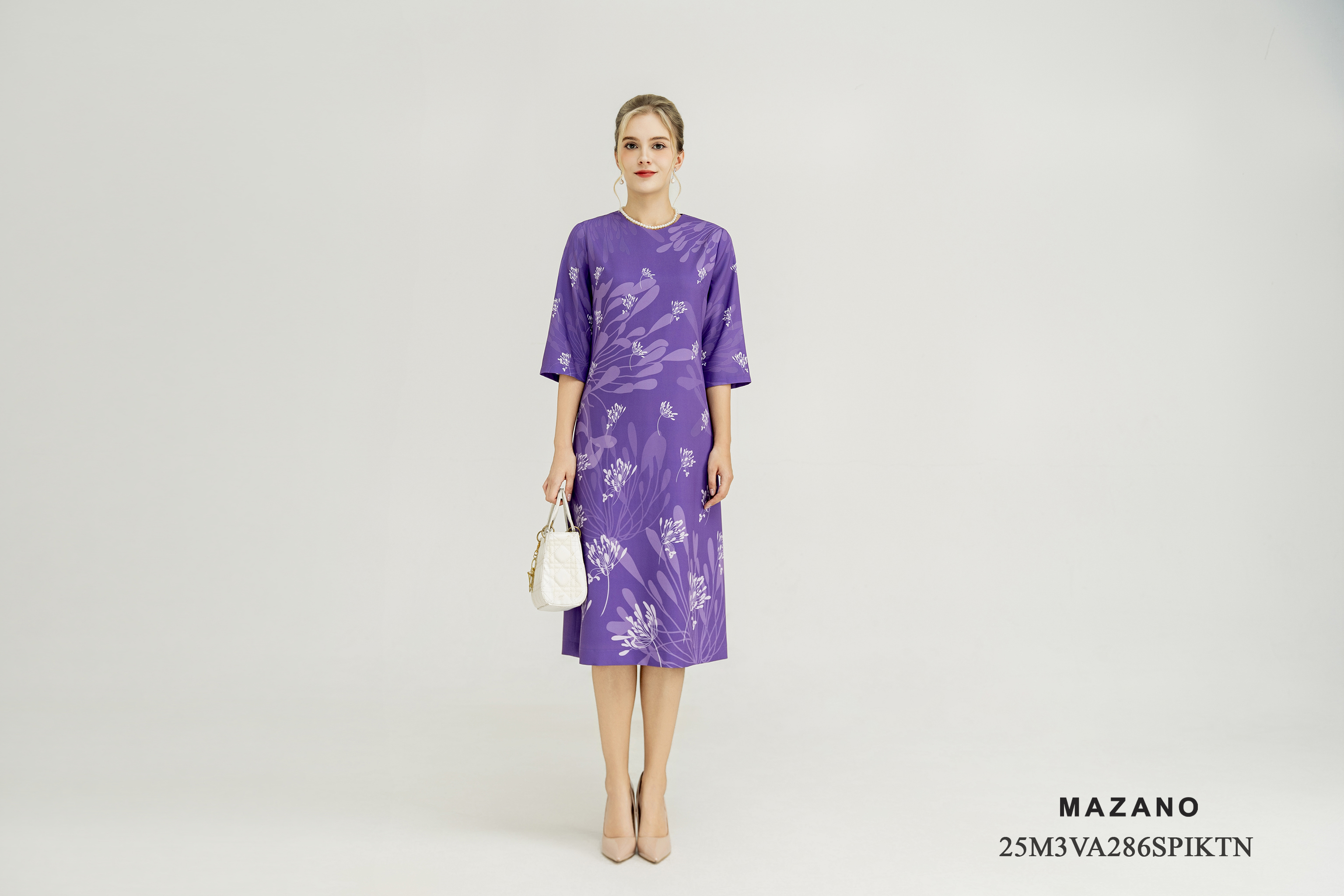 Váy Đầm Suông Vải thô dày Hoạ tiết cách điệu Cổ tròn Tay ngắn Dài qua bắp chân_thumbnail_4