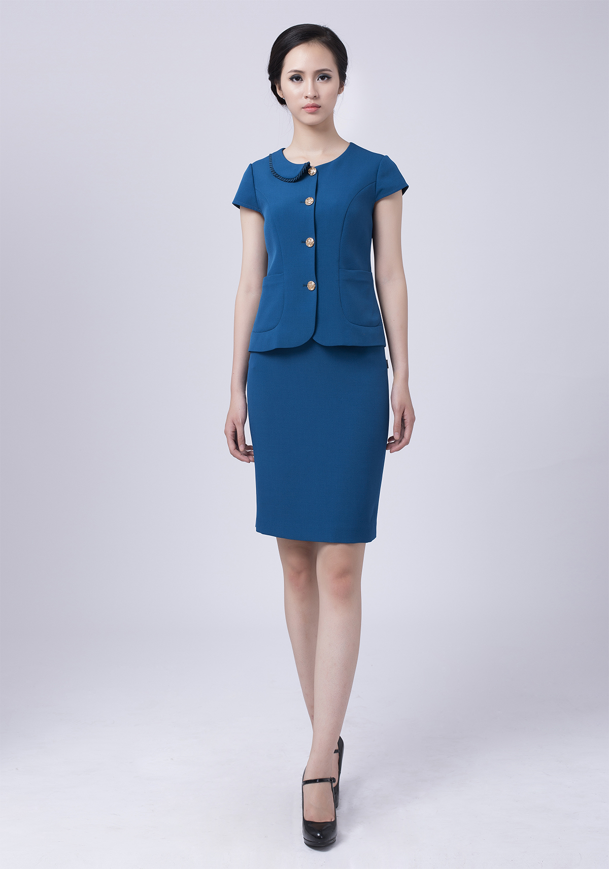 Bộ Áo ký giả ngắn tay và Chân váy juyp vải Tuytxi màu xanh