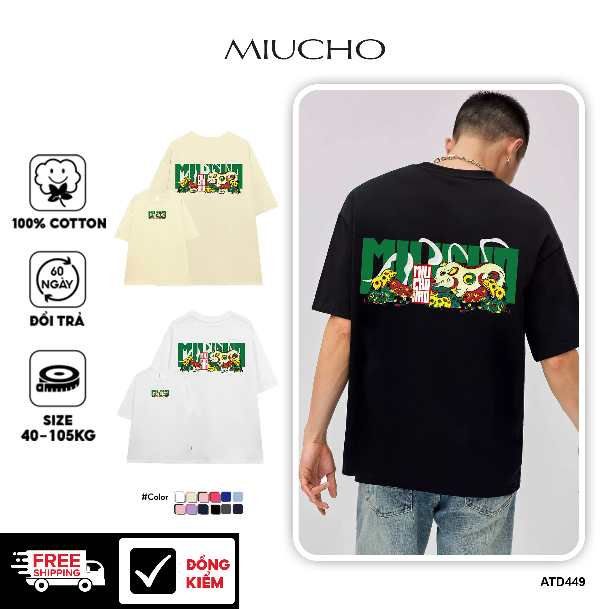 Áo thun nam form rộng 12 con giáp tuổi Hợi ( tuổi heo) ATD449 Miucho Man cotton cổ tròn ingraphic