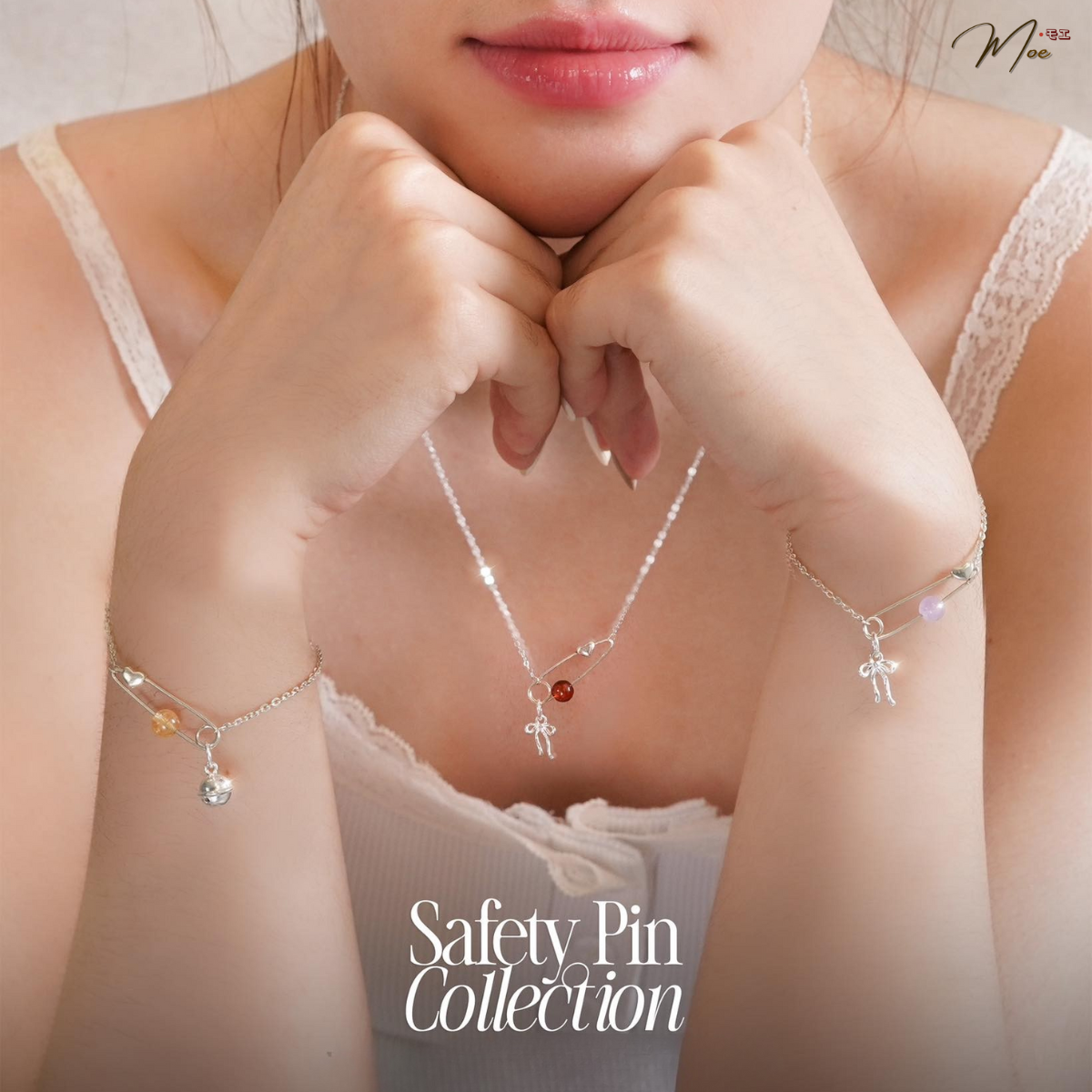 LT645 - Lắc tay safety pin xỏ đá tự nhiên (có nơ/không nơ)