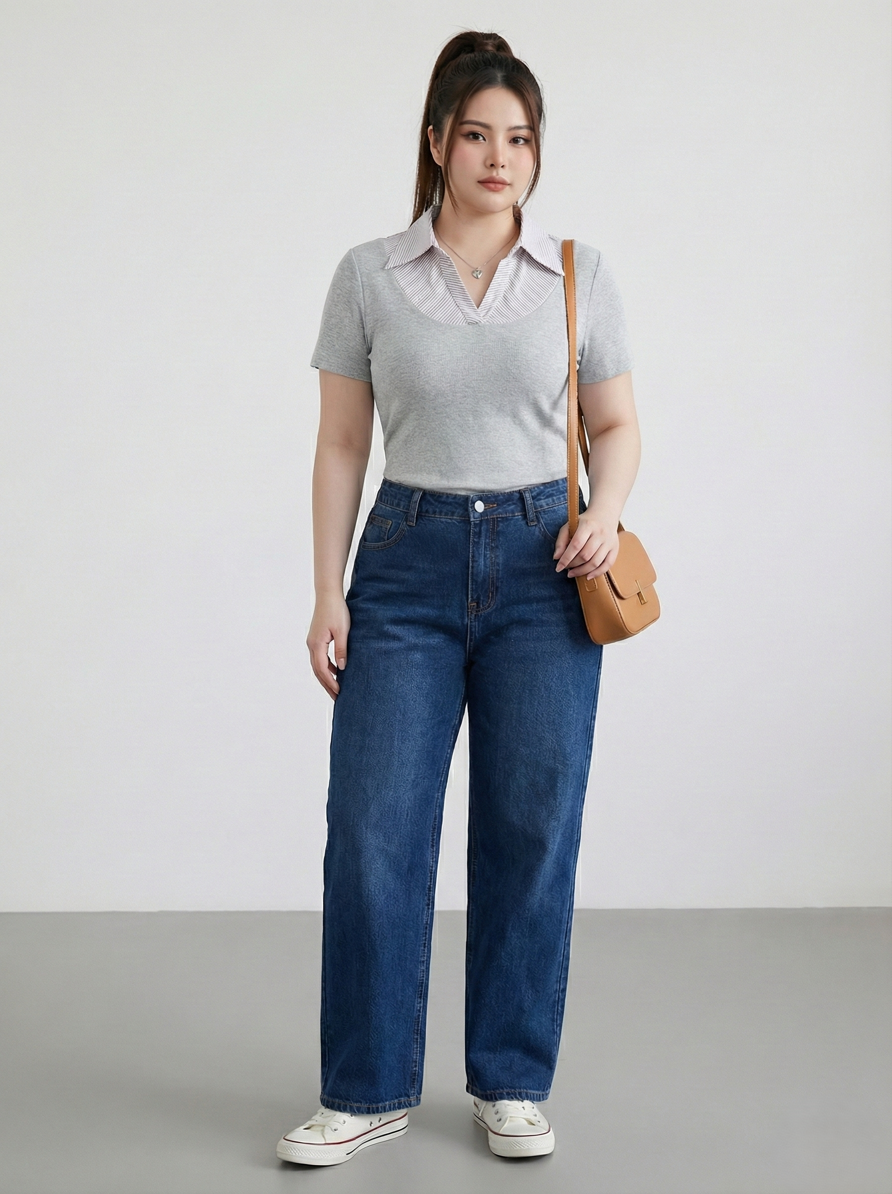 BIGSIZE NỮ-  Áo thun phối cổ sơ mi V-AK092