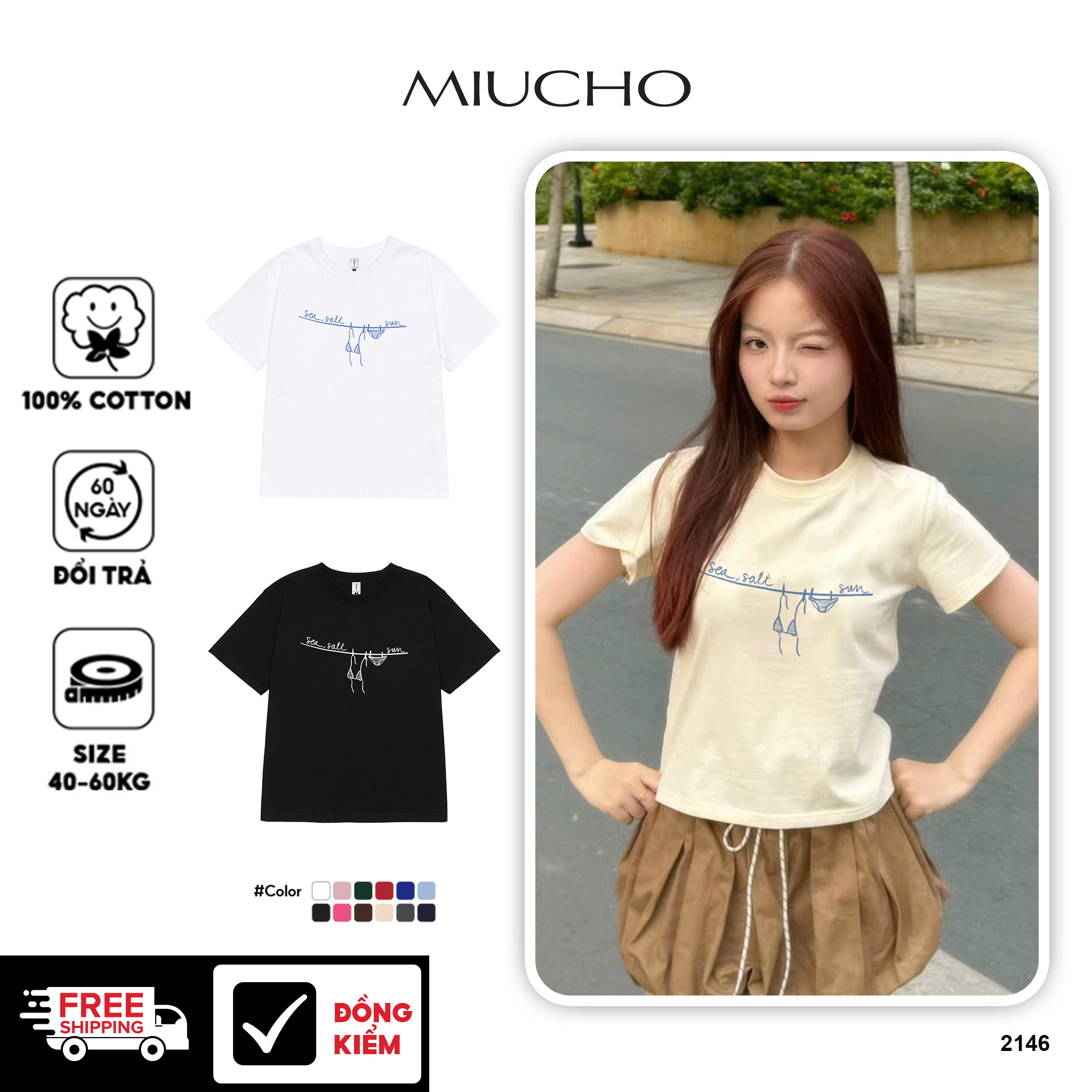 Áo baby tee ôm body hè biển 2146 Miucho cổ tròn vải cotton 4c thoáng mát in mix