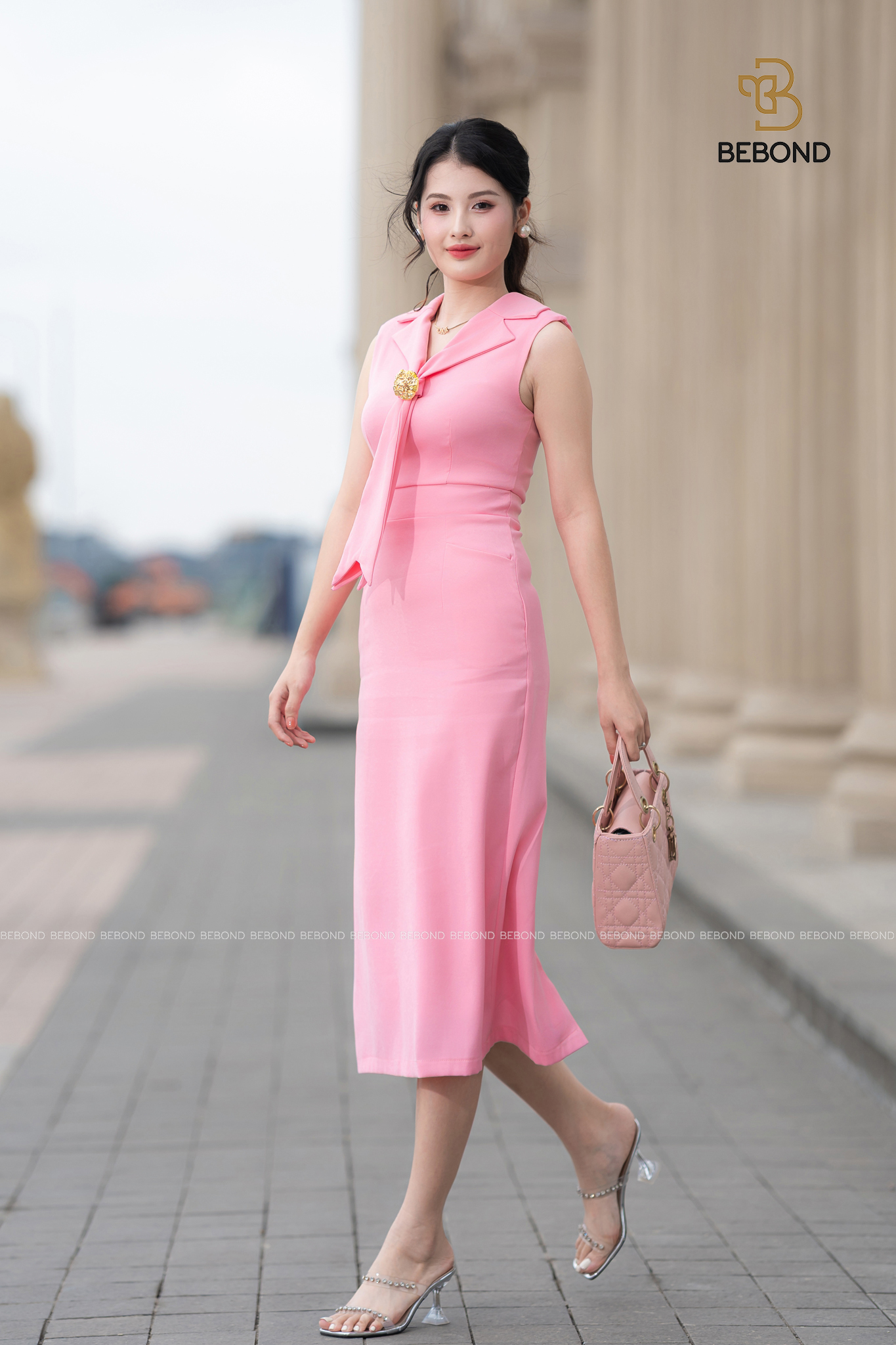 Đầm tay hến cổ cách điệu CADY màu HỒNG