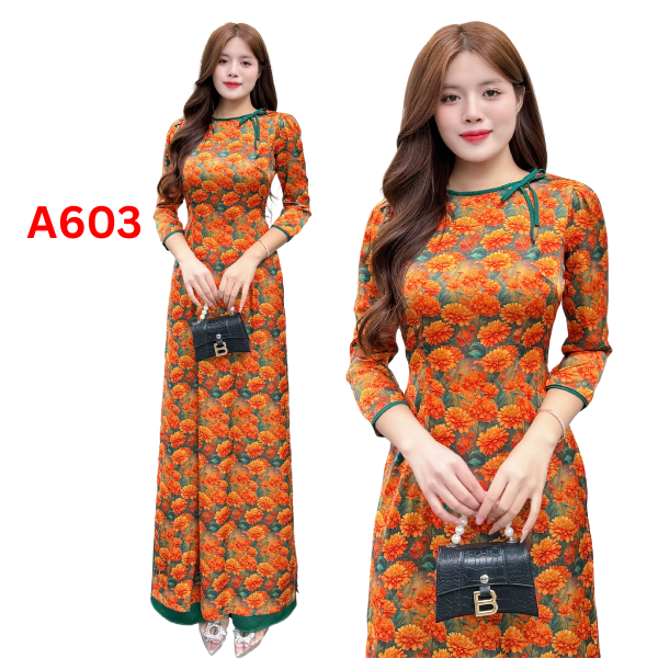 Áo Dài A603 Áo dài lụa Pháp cổ  tròn tay lỡ, kết nơ xinh