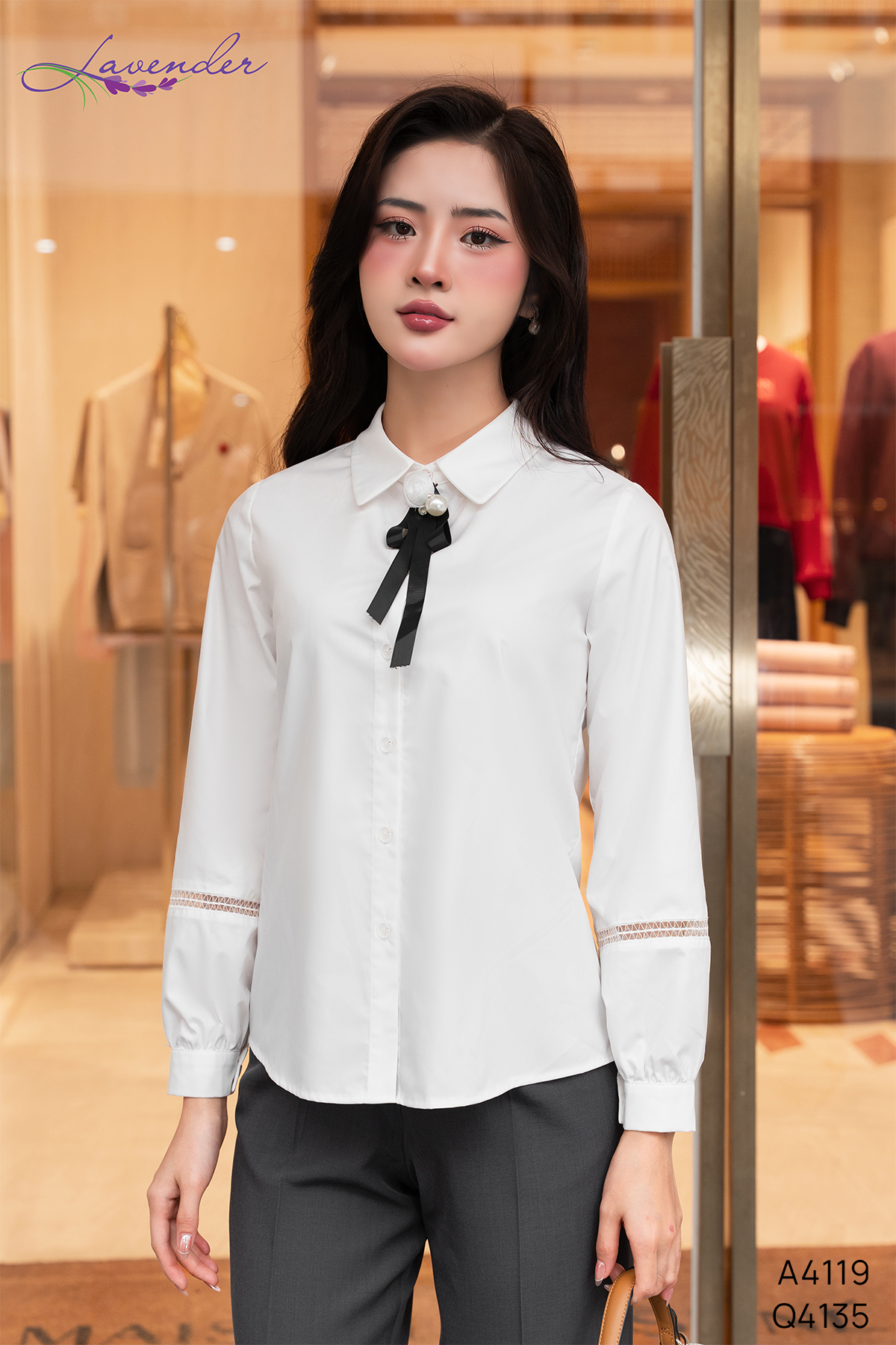 Áo sơ mi cổ nơ vải thô trắng A4119_thumbnail_2