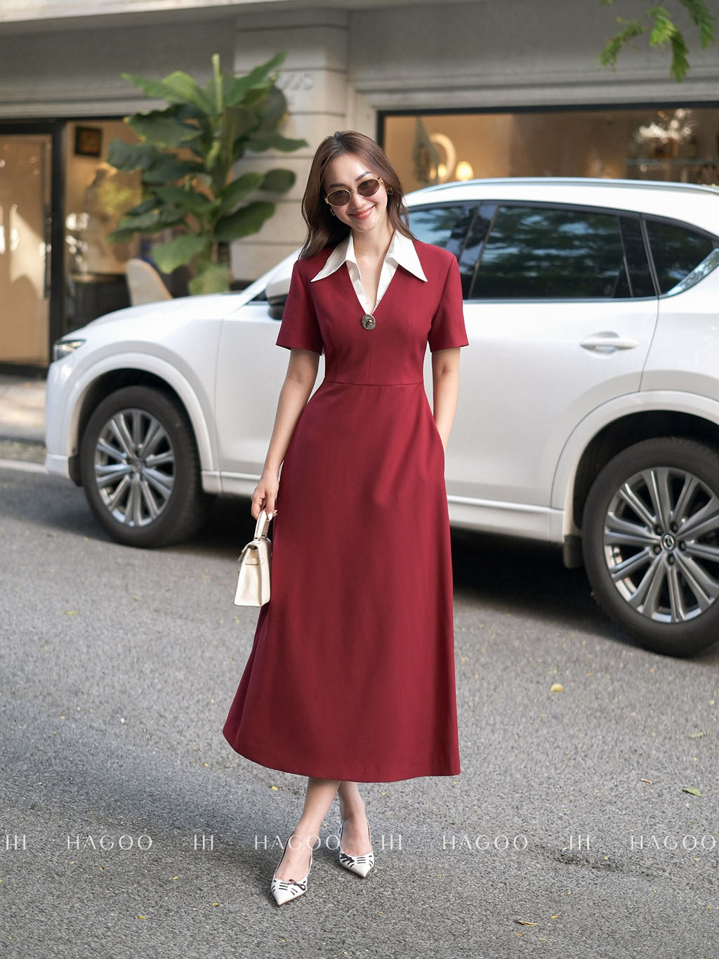 Váy xòe dài cổ V phối trắng