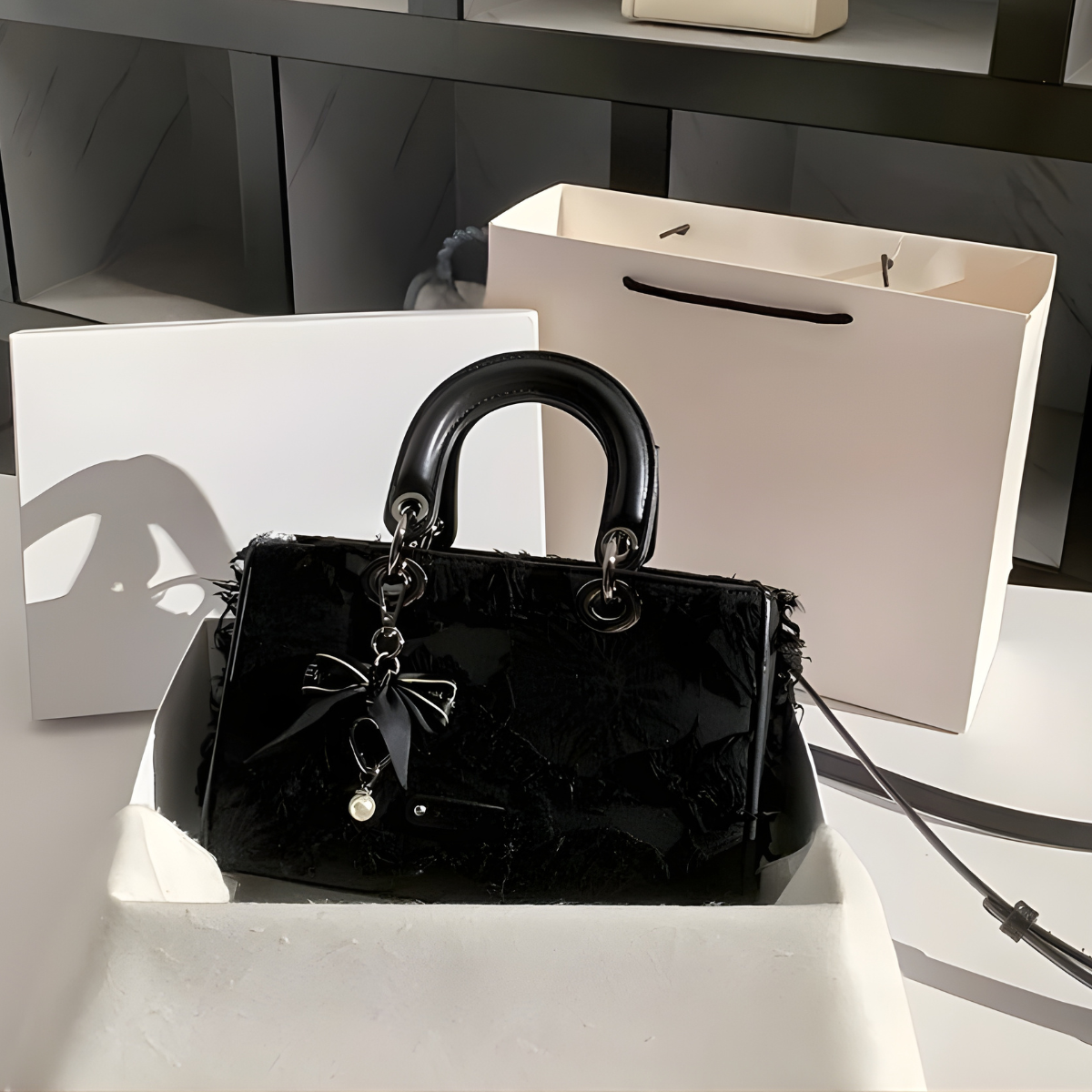 Túi xách đen UHE RISE – tay cầm sang, đeo chéo tiện, nền hoa nổi, charm nơ ngọc trai_thumbnail_9