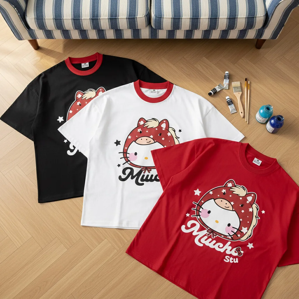 Áo thun nữ form boxy Tết Miucho thoáng mát tôn dáng Kitty phối cổ mix màu 2968_thumbnail_7