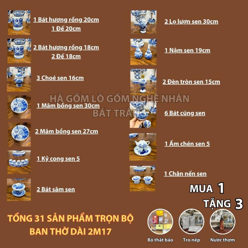 HG262 Đồ Thờ Cúng Bộ 31 món ban thờ 2M17 men trắng nghệ nhân Bát Tràng chế tác TẶNG Thất Bảo, Tro Nếp_thumbnail_1