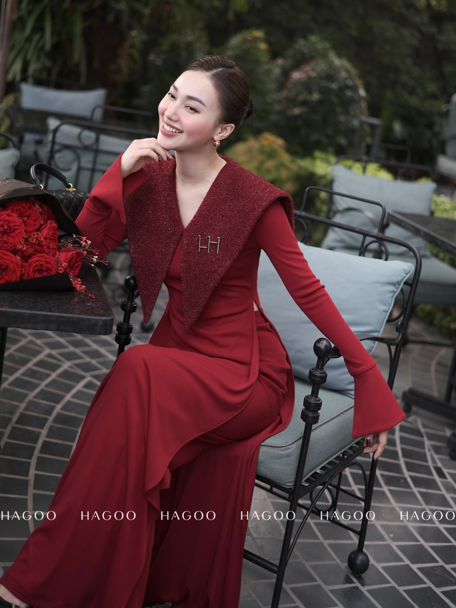 Set áo dài cổ V phối dạ tweet