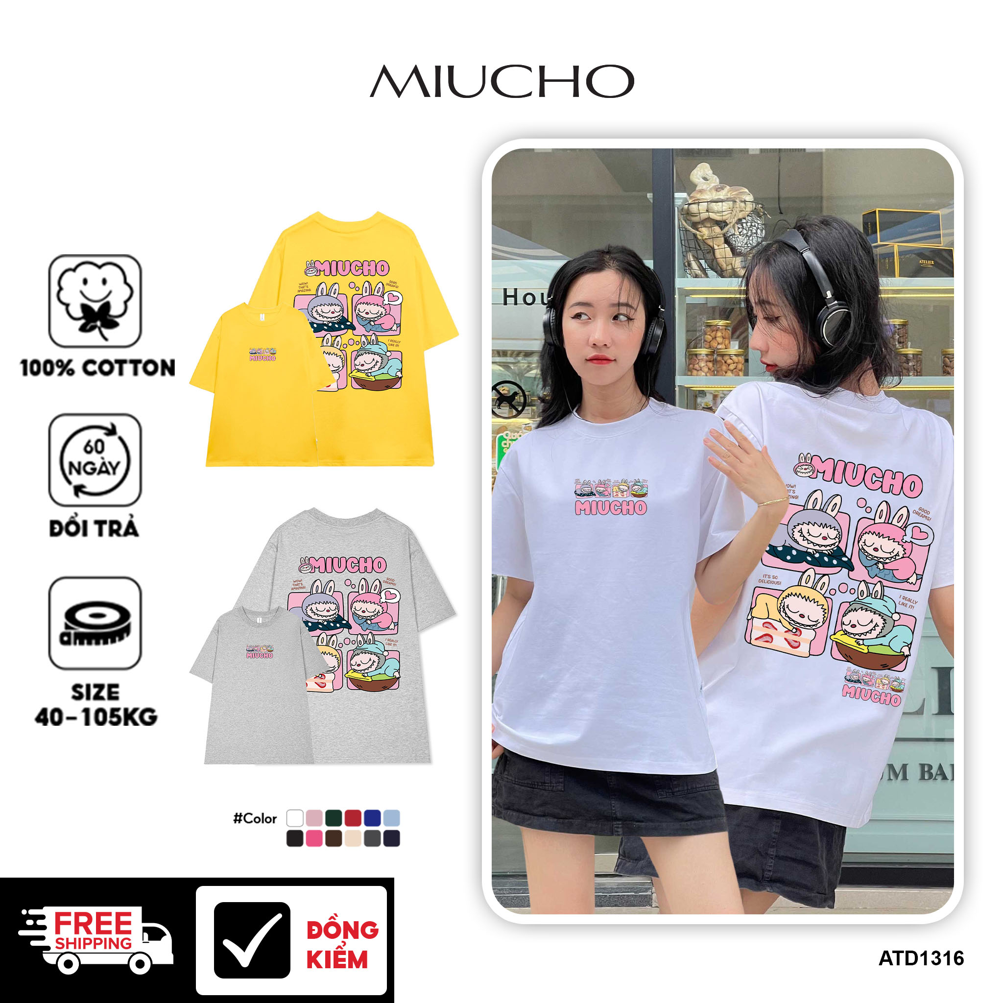 Áo thun labubu dễ thương nhiều màu ATD1316 Miucho cổ tròn vải cotton thoáng mát in mix_thumbnail_1