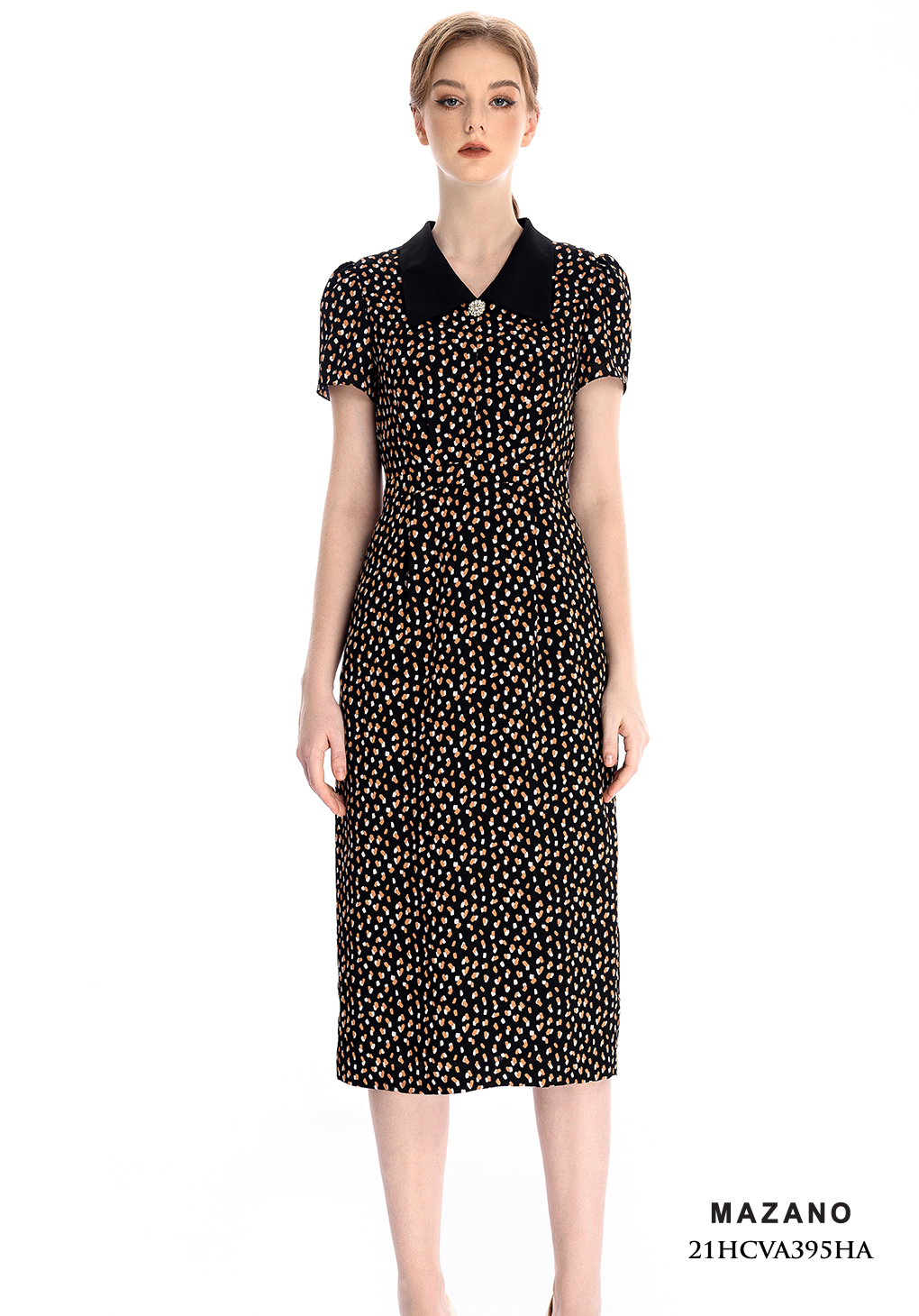 Đầm ôm A họa tiết chấm bi nâu vàng cổ cánh bướm_thumbnail_0