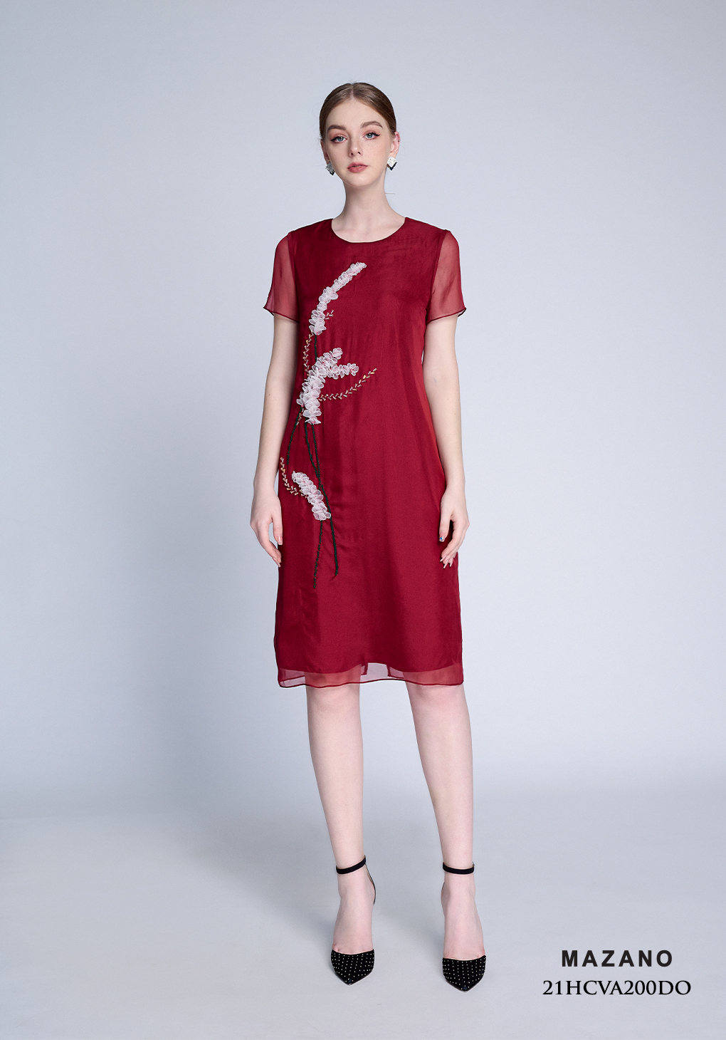 Đầm suông đỏ voan tơ đính hoa