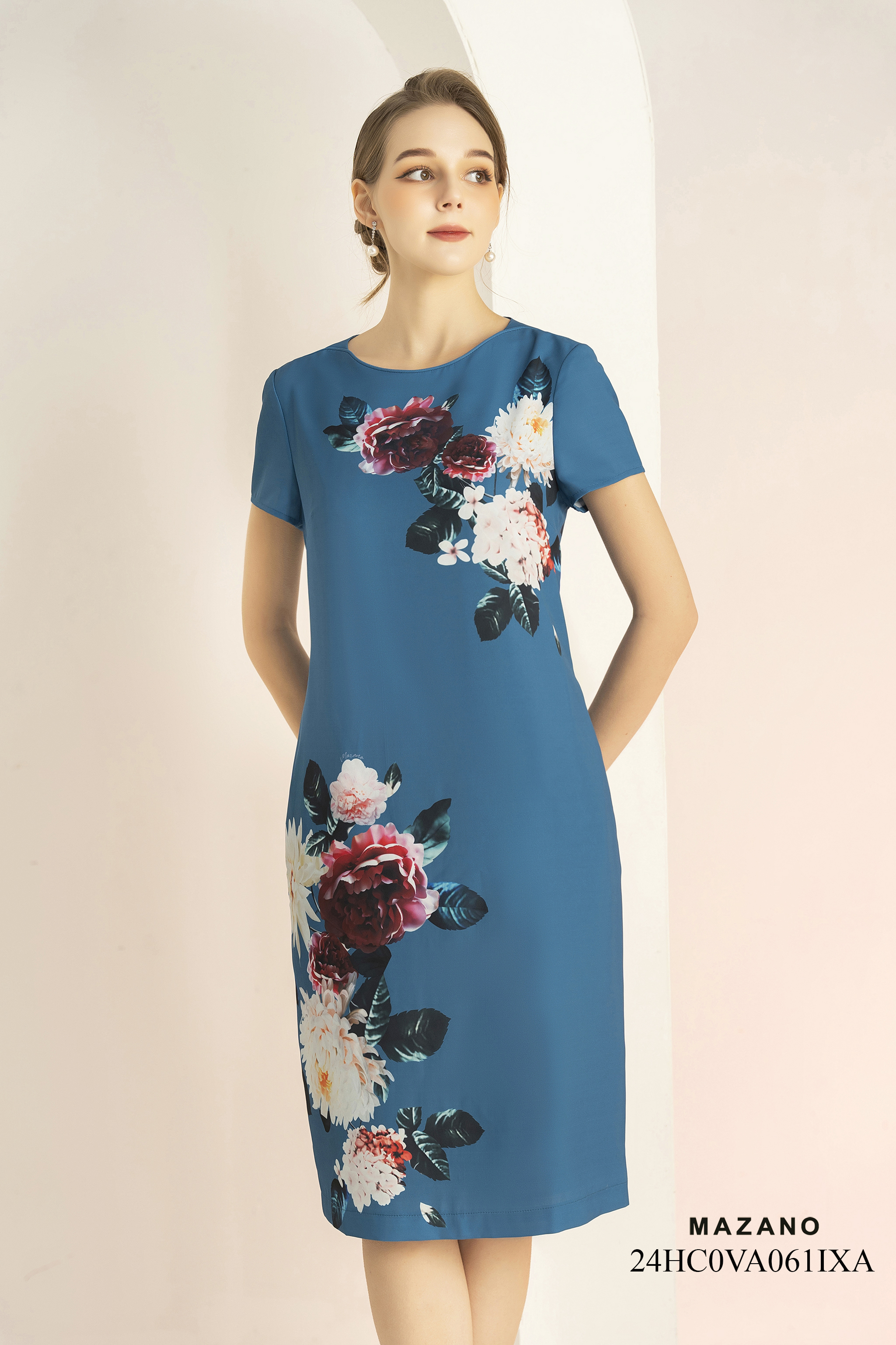 Váy Đầm Suông Vải thô mỏng Hoạ tiết hoa 3D Cổ tròn Tay ngắn Dài ngang gối