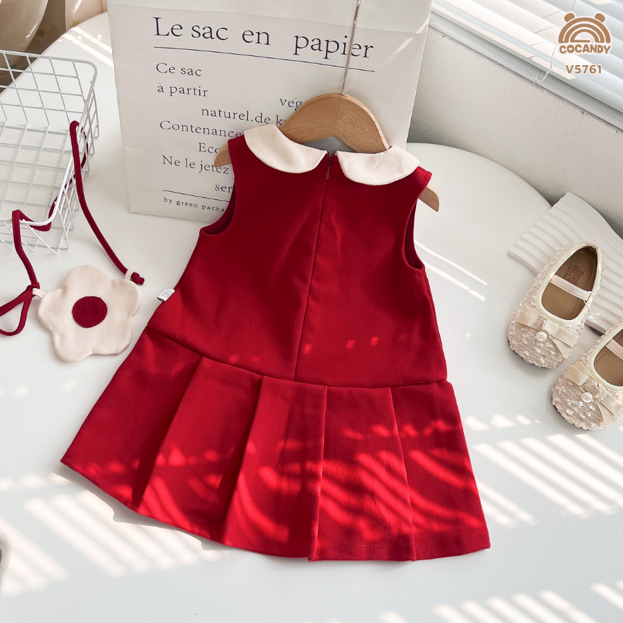 Váy dạ ĐỎ sát nách cổ sen cúc bọc + túi_thumbnail_2