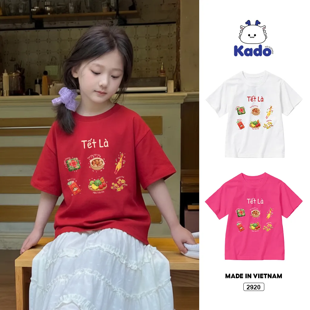 Áo thun kid Tết 2026 Kado vải cotton co giãn thoáng mát thoải mái cho bé cổ tròn in mix 2920
