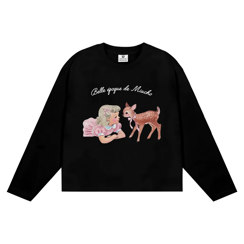 Áo tay dài boxy Miucho cotton co giãn 2C cổ tròn in hình dễ thương phong cách vintage 2649_thumbnail_7