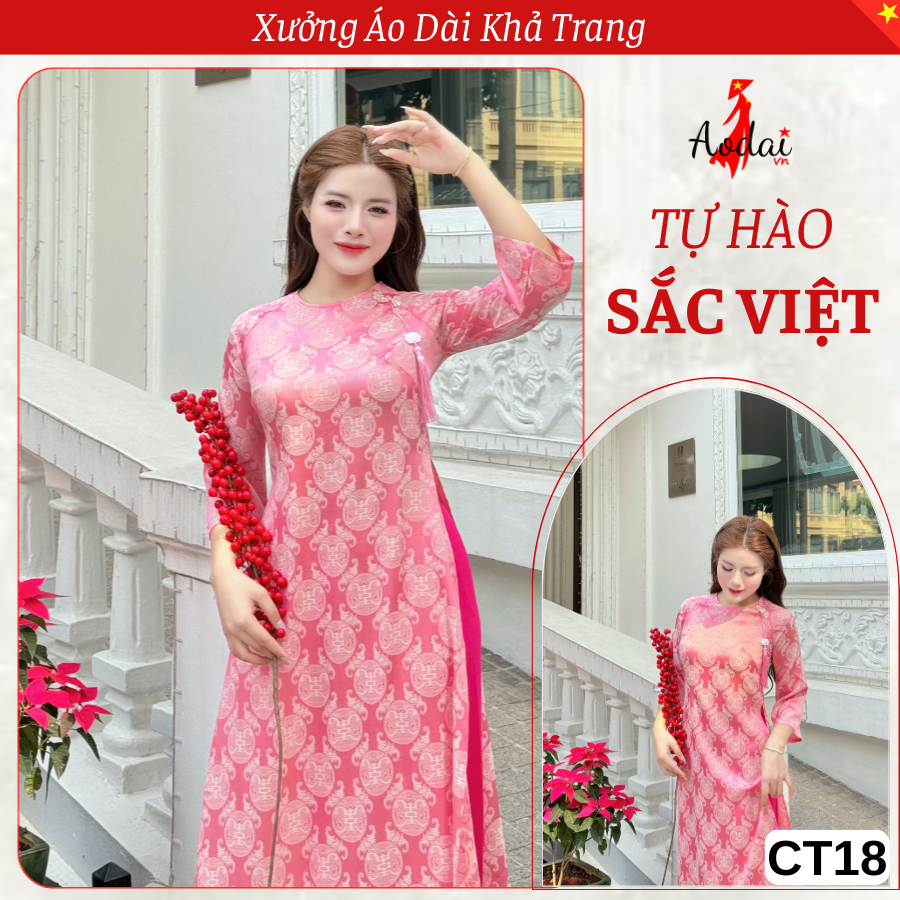 CT18 Áo Dài Cách Tân Gấm Dáng Suông màu Hồng Cam Cổ Tròn Tay Lỡ