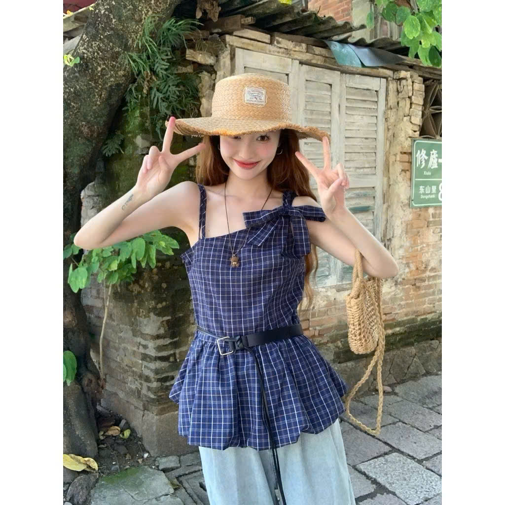 [ GUTOU ] Áo Lệch Vai Caro Thắt Nơ + belt_thumbnail_5