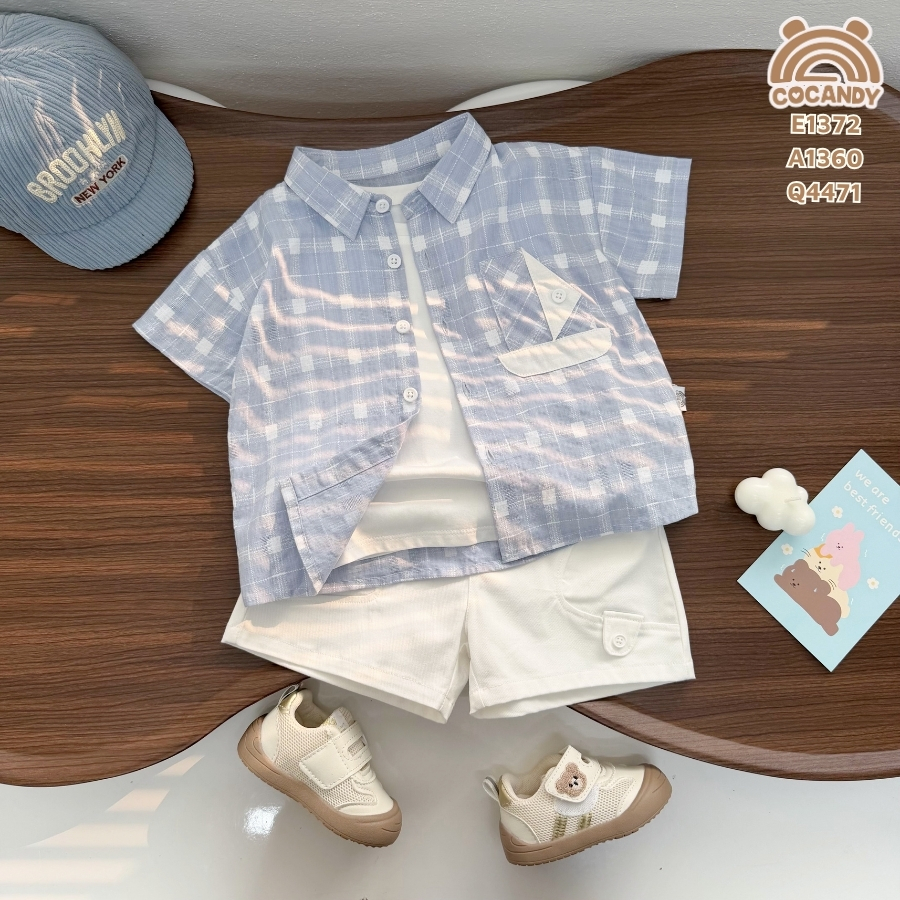 Áo cộc sơ mi caro XANH DƯƠNG phối túi ngực kiểu