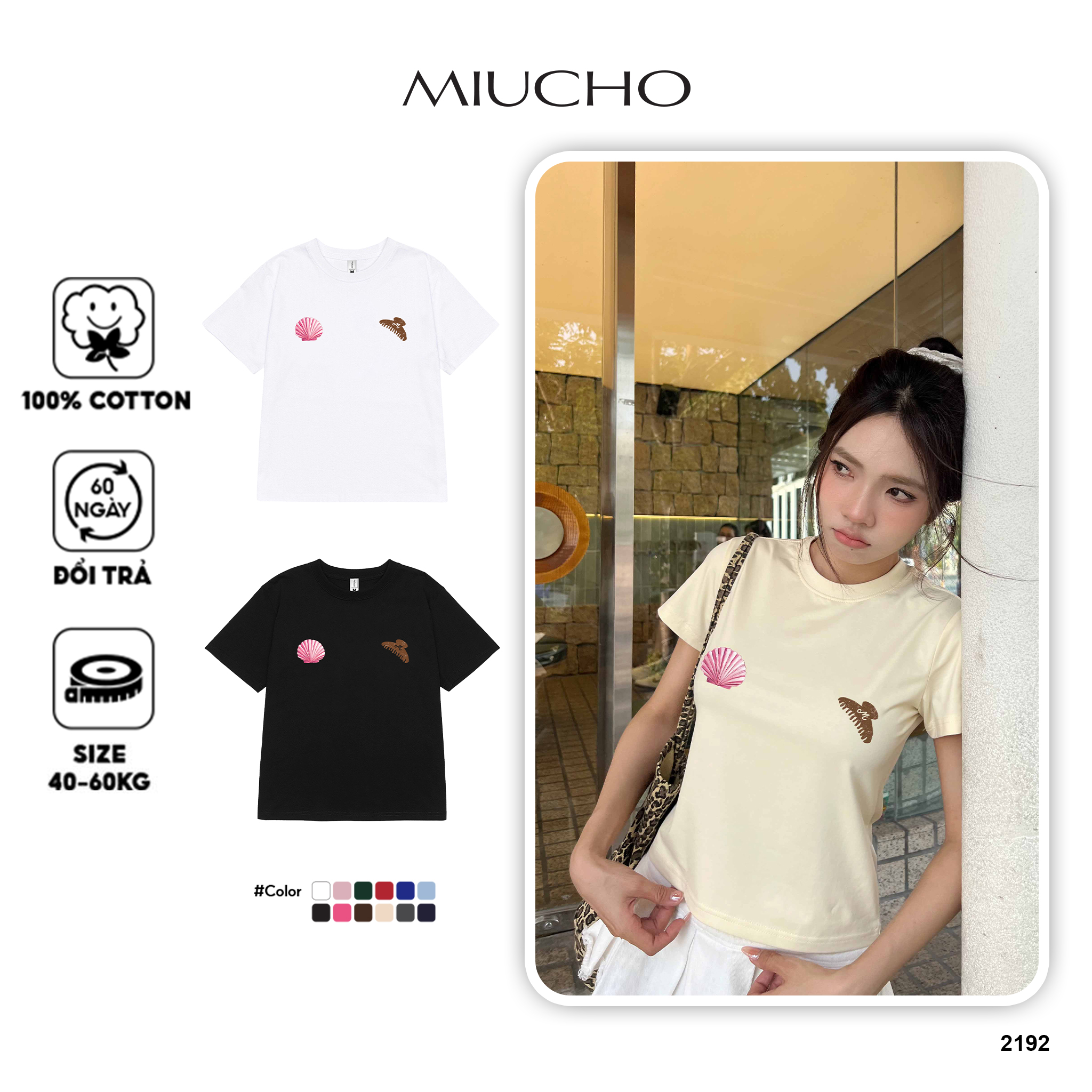 Áo baby tee ôm body hè biển 2192 Miucho cổ tròn vải cotton 4c thoáng mát in mix