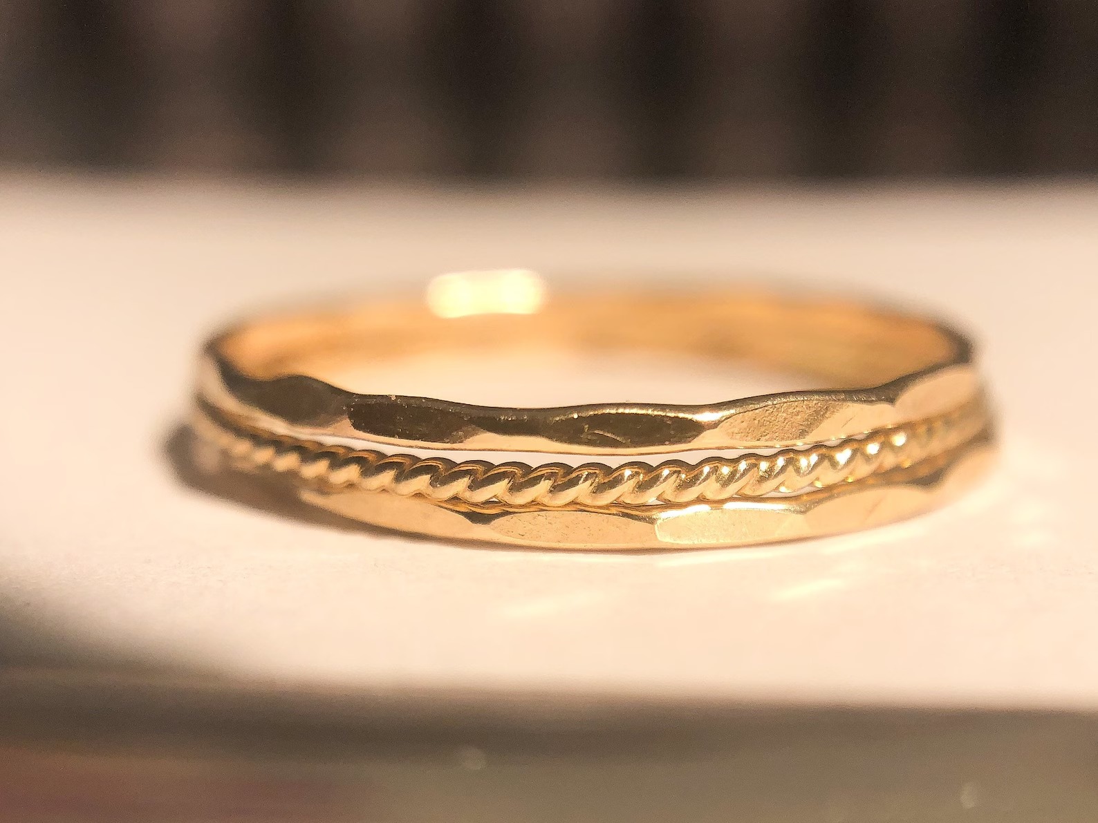 Elegant 3-Piece Gold Filled Ring Trio • Handmade Hammered & Twist Stackable Set