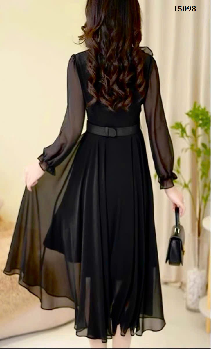 15098-Đầm  voan đen tay dài viền bèo vai kèm dây thắt eo (voan, lót)_thumbnail_4