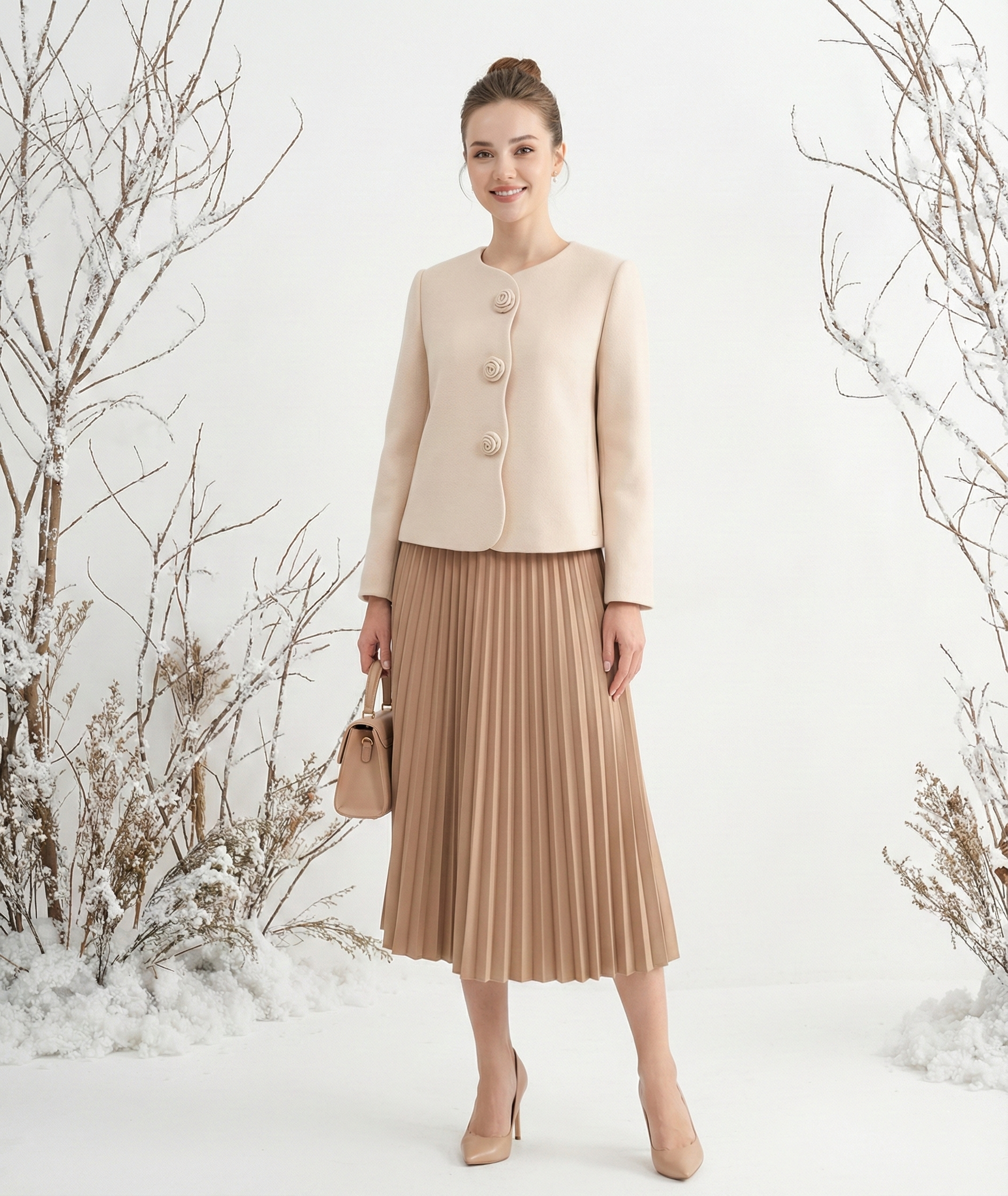 Áo khoác ngắn Vải dạ lông cừu Đính hoa thủ công Cổ tròn Tay dài Dài qua eo