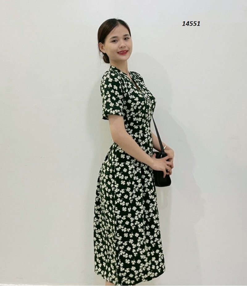 14551-Đầm xòe A họa tiết cỏ  ba lá  xanh rêu (lụa mango)_thumbnail_2