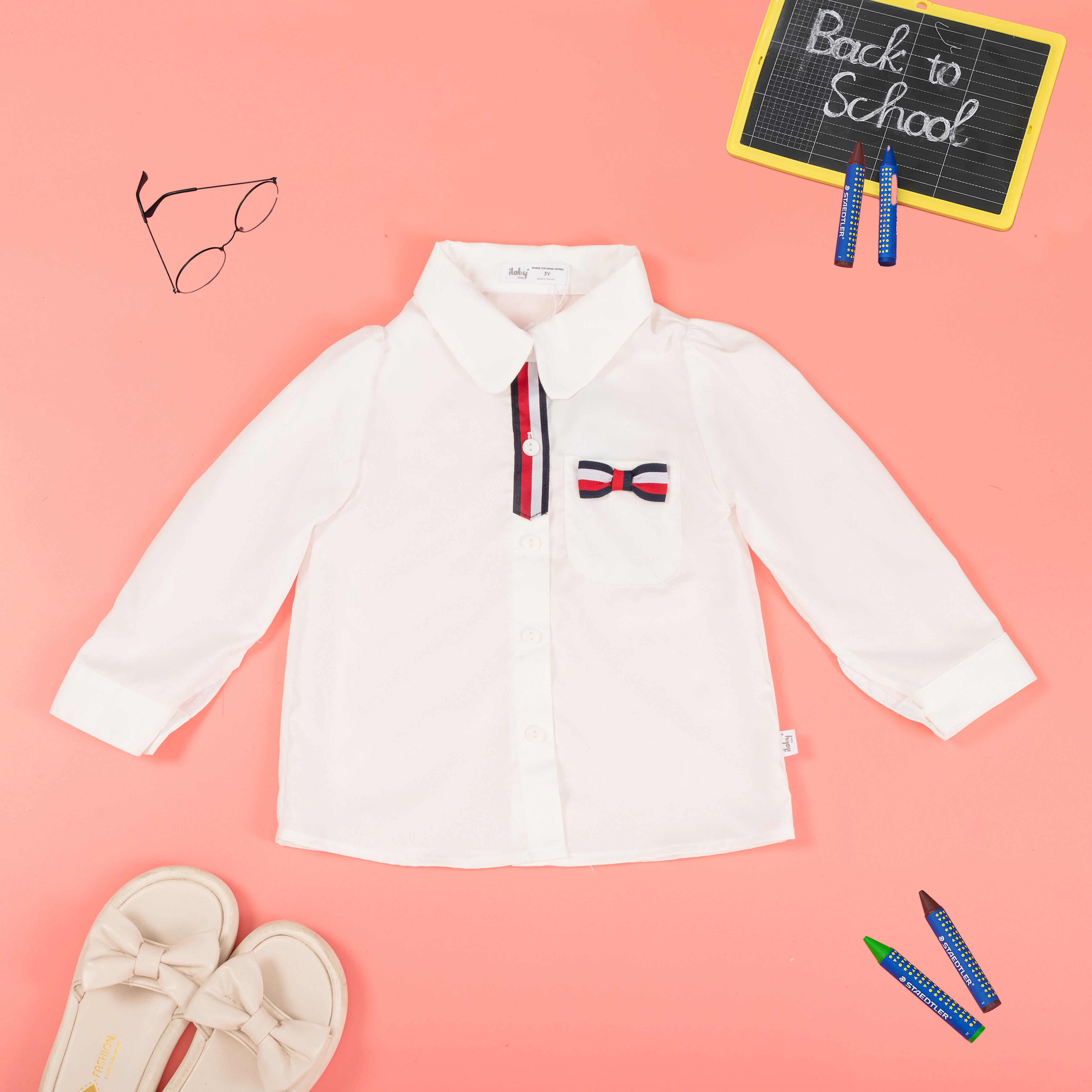 Áo sơ mi phối dây nơ túi