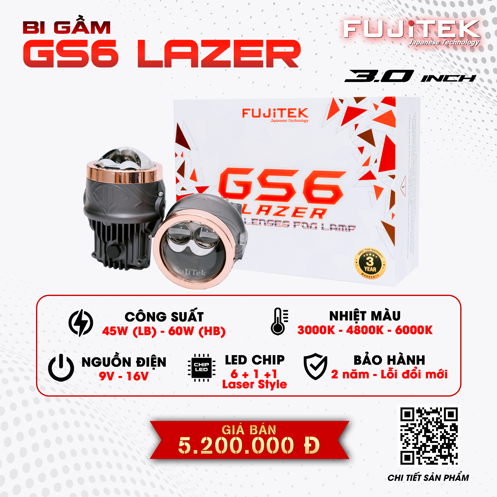 Fujitek GS6 Lazer Bi gầm 3 inch 3 màu tích hợp